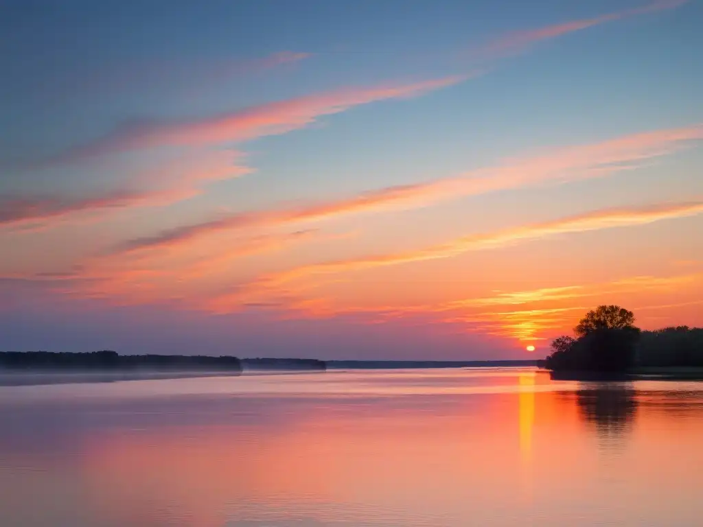 Un atardecer tranquilo en el río Misisipi, con un barco de vapor a lo lejos y el cálido brillo del sol