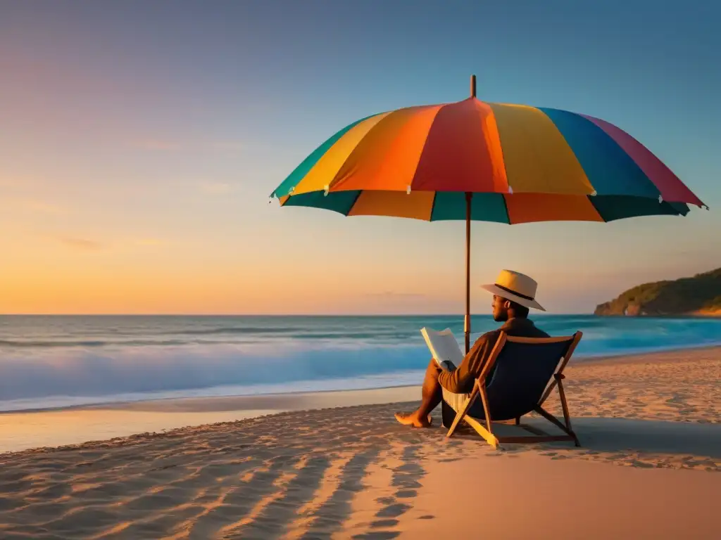 Un atardecer tranquilo en la playa, una figura solitaria lee bajo una sombrilla colorida