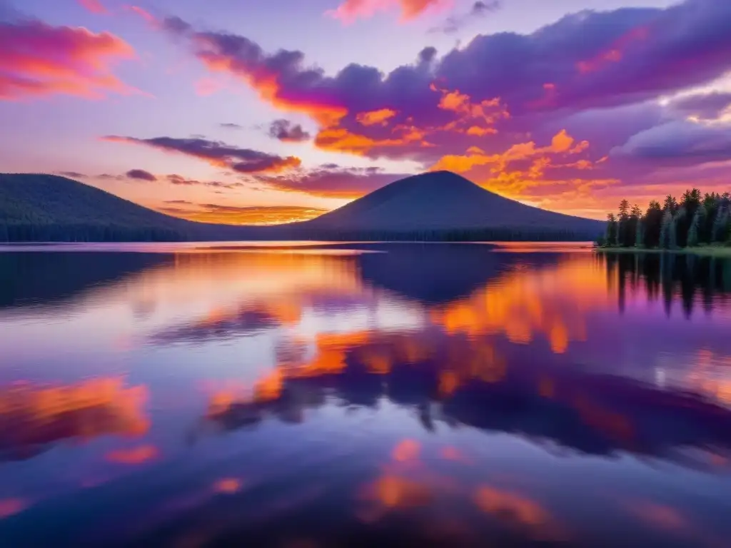 Un atardecer vibrante sobre un lago tranquilo, con colores cálidos y reflejos en el agua