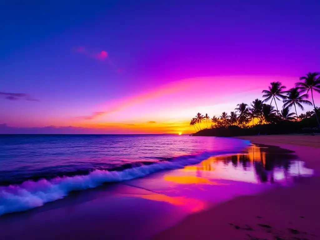 Un atardecer vibrante en Puerto Rico con un cielo de tonos rosados, naranjas y morados sobre una playa tranquila