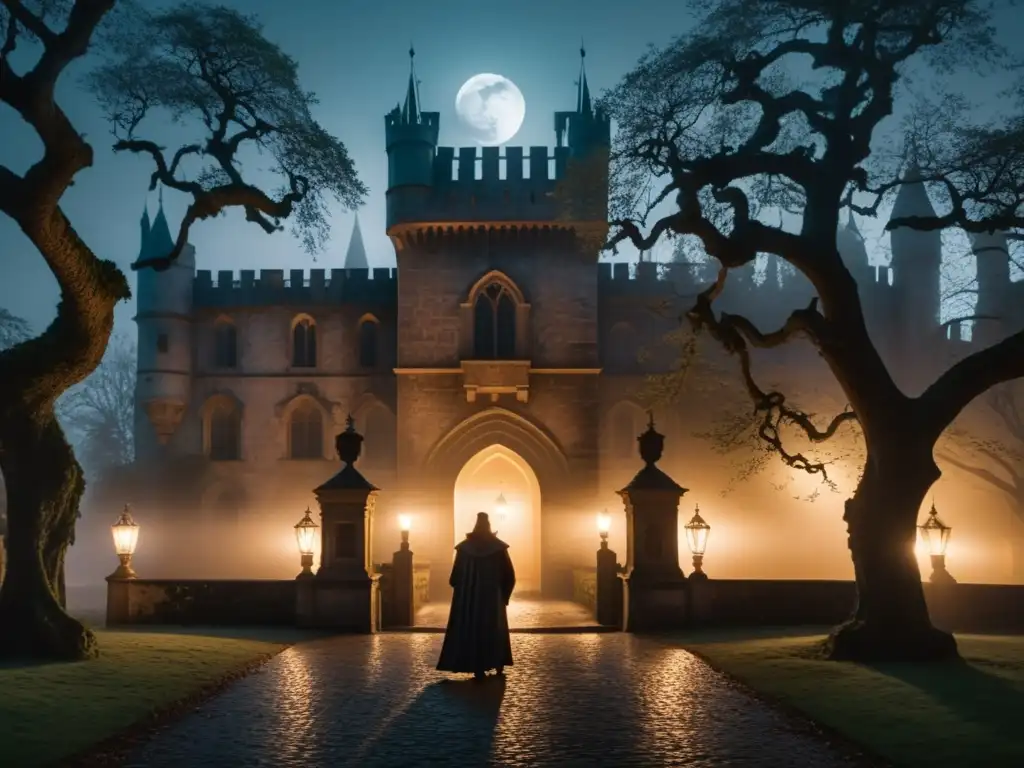 En la atmósfera gótica de Drácula, un misterioso personaje se alza en un castillo iluminado por la luna y la niebla