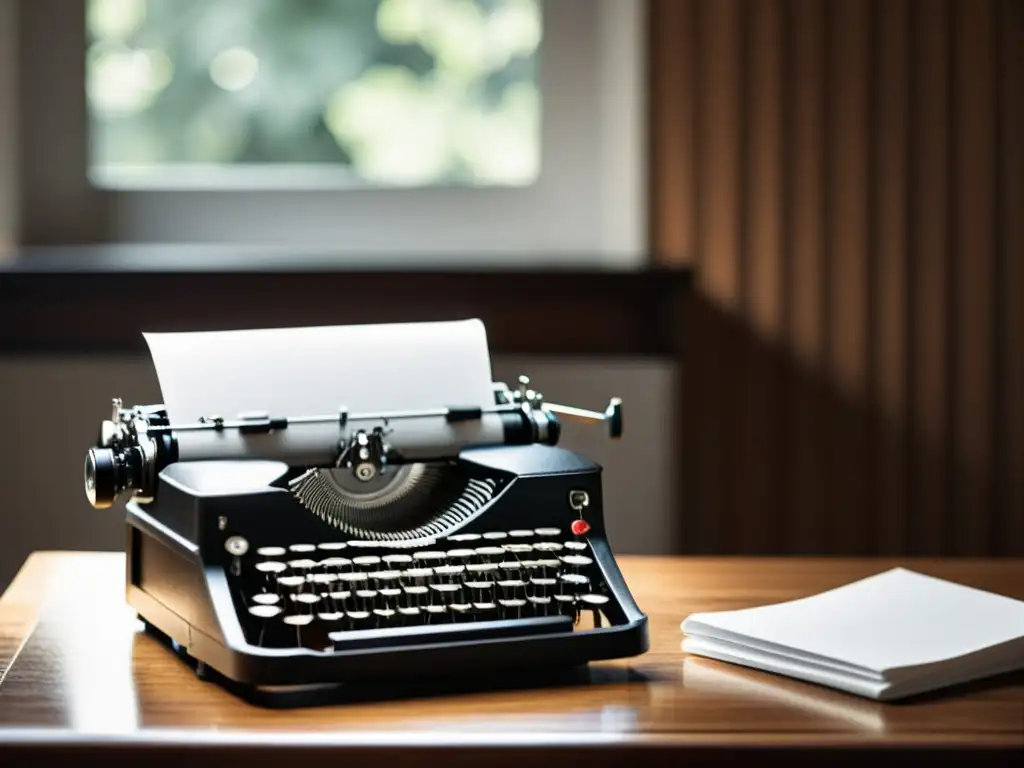 Una atmósfera nostálgica y profesional: una máquina de escribir vintage en primer plano, con papel en una mesa de madera