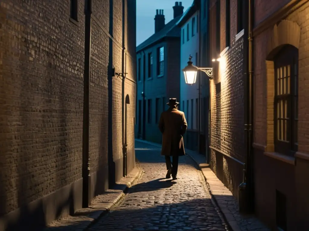 En la atmósfera única del Festival Noir, un callejón sombrío y misterioso se ilumina con una solitaria farola, creando largas sombras