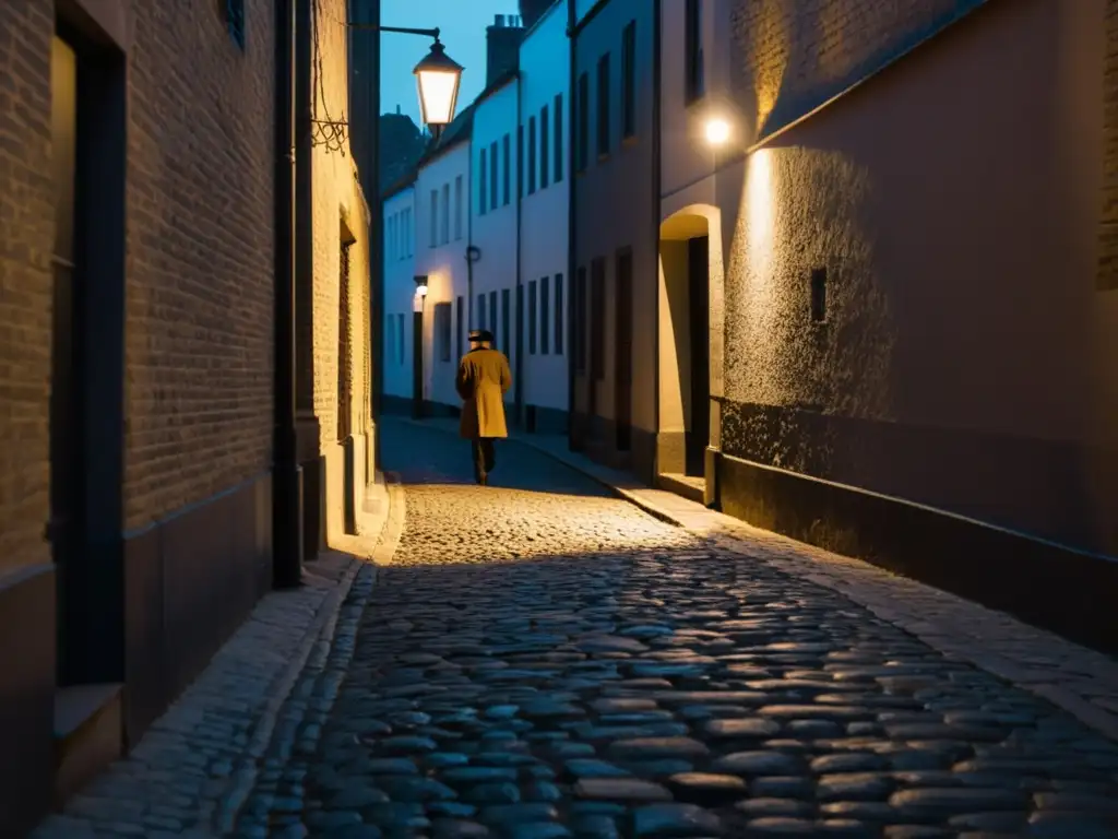 En la atmósfera única del Festival Noir, una solitaria farola ilumina un callejón oscuro, creando un ambiente de misterio y suspense