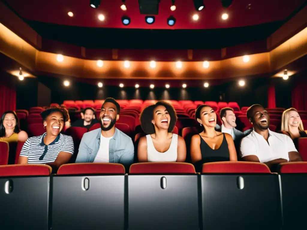 Una audiencia diversa disfruta de un espectáculo de comedia en un teatro oscuro