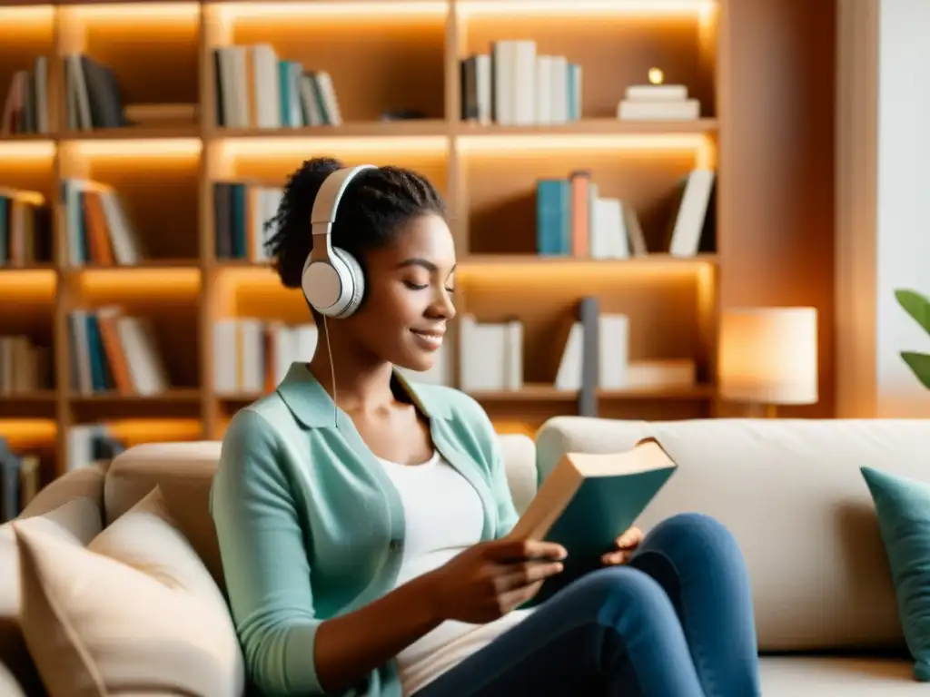 Escuchando un audiolibro en un acogedor salón moderno, rodeado de libros