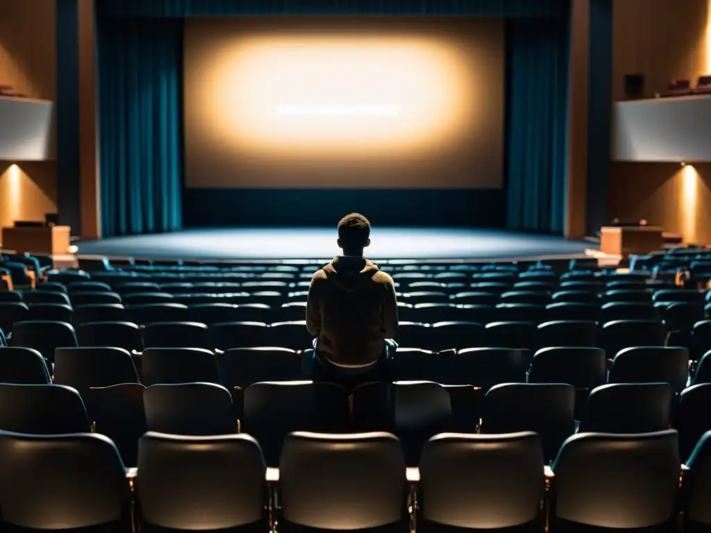 Un auditorio tenue con filas de asientos vacíos, un foco ilumina a una figura solitaria en el escenario, leyendo su obra mientras las palabras flotan en el aire, creando una atmósfera de anticipación y expresión artística en certámenes literarios poco conocidos