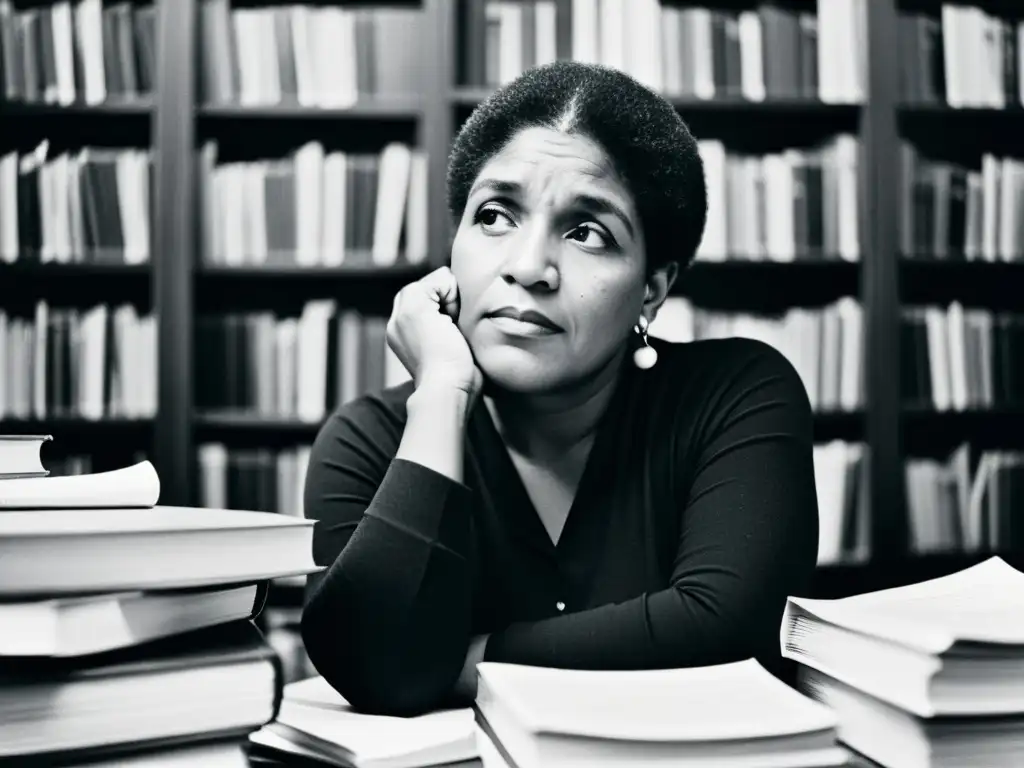 Audre Lorde, poesía afroamericana, legado de sabiduría y determinación capturado en su escritorio rodeado de libros y papeles en blanco y negro