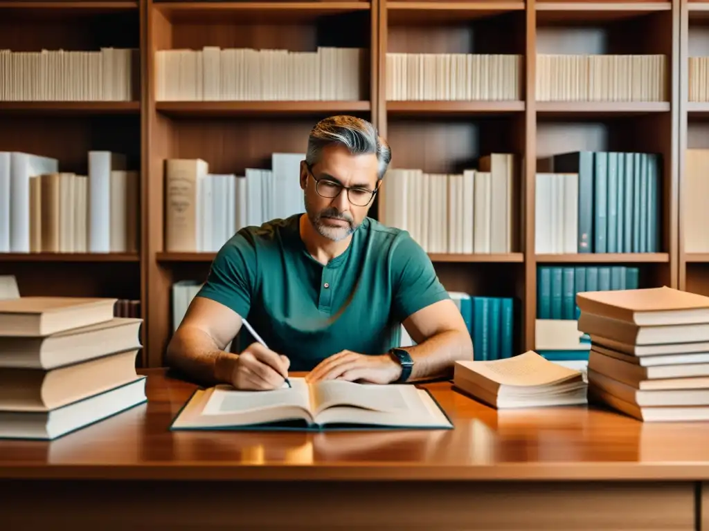 Un autor concentrado en su escritorio rodeado de libros y papeles, reflejando determinación en su próximo manuscrito