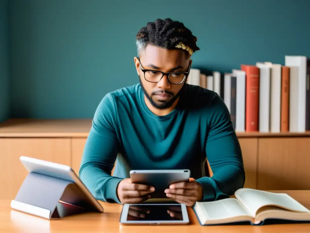 Un autor contemplativo en su escritorio, rodeado de dispositivos digitales, fusionando técnicas literarias en narrativa transmedia