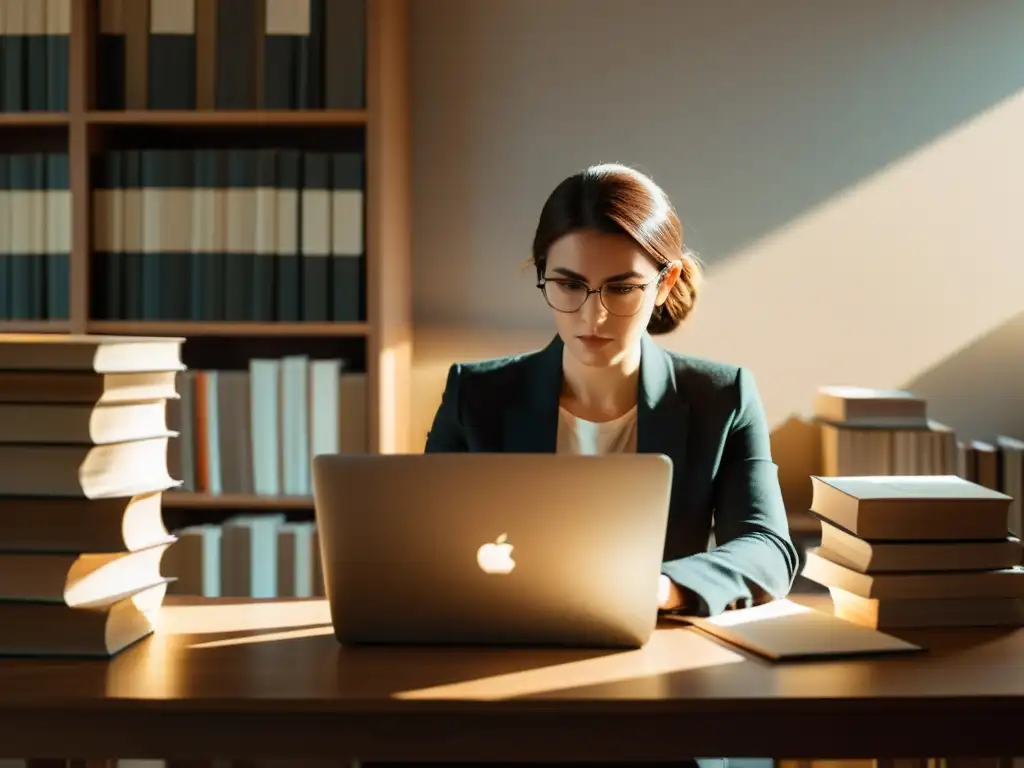 Un autor trabaja en su escritorio, rodeado de libros y papeles, con una laptop elegante y una expresión determinada