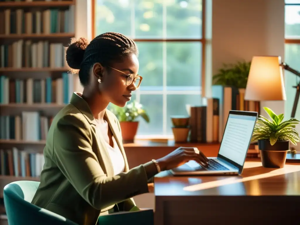 Un autor redactando en su laptop en un escritorio moderno, rodeado de libros y plantas