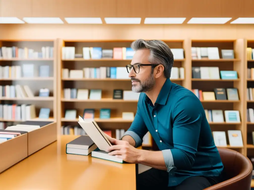 Un autor conversa con lectores en una librería luminosa y moderna, rodeado de libros organizados