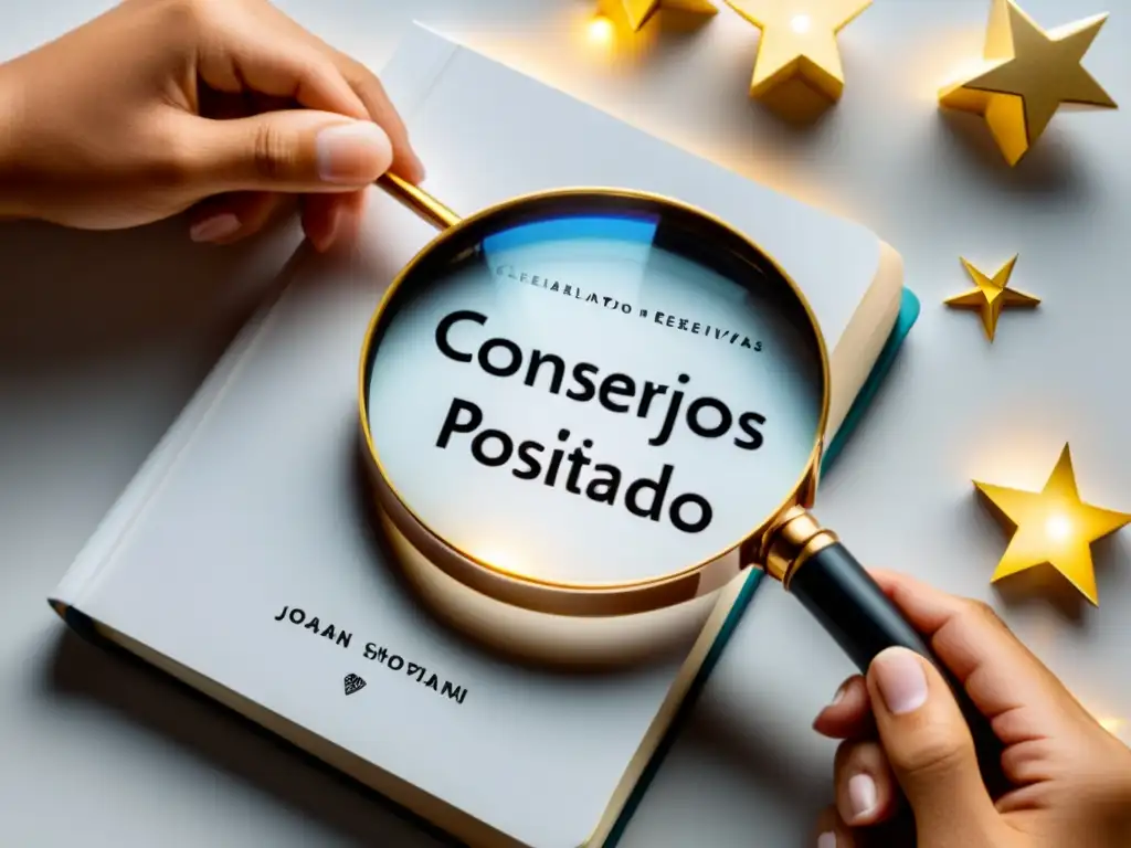 Un autor examina con una lupa su libro 'Consejos reseñas positivas libro autoeditado' rodeado de estrellas doradas