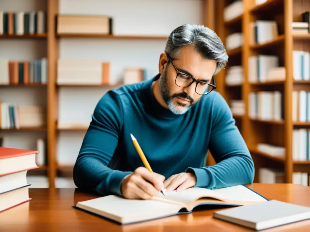 Un autor preparando notas para participar en entrevistas literarias, rodeado de libros en una habitación acogedora y bien iluminada