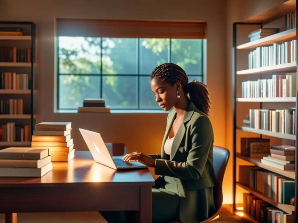 Un autor reflexivo escribe en su laptop en un elegante escritorio, rodeado de libros, decoración minimalista y luz cálida