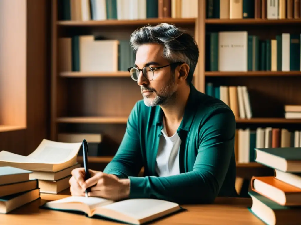 Un autor reflexivo, rodeado de libros, creando profundidad en personajes a través de la consultoría literaria