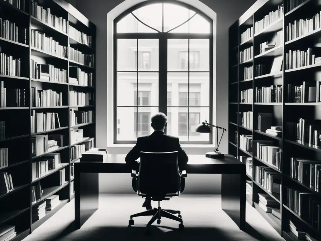 Un autor de renombre en su elegante estudio, rodeado de libros, con una atmósfera sofisticada y moda vanguardista