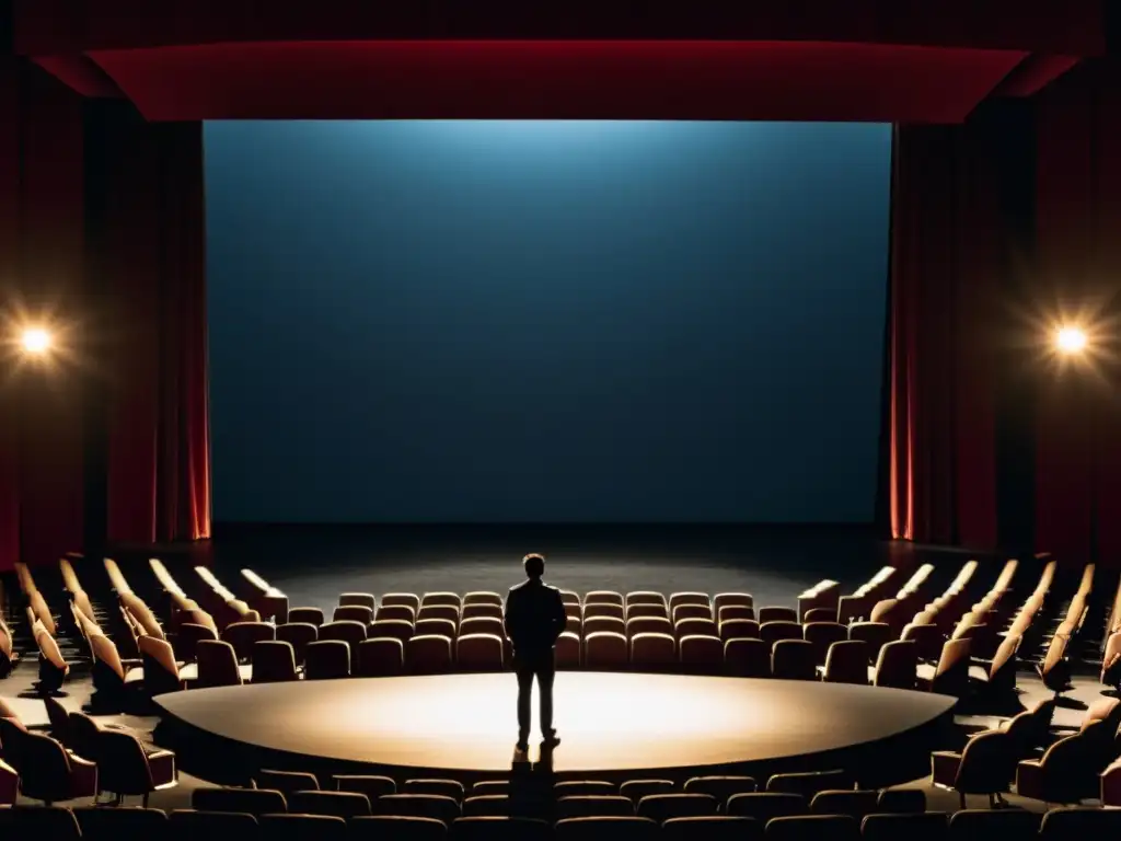 Un autor enfrenta la soledad en el escenario, iluminado por un foco en la oscuridad del auditorio