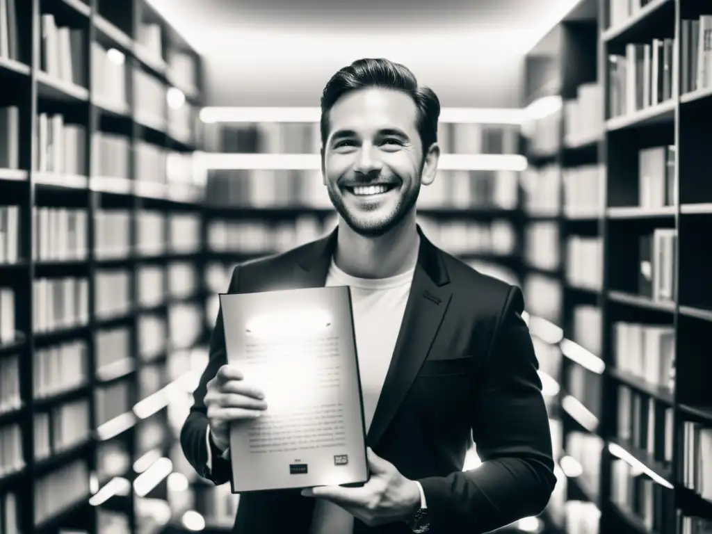 Un autor sonriente posa con su libro frente a una estantería llena de reseñas y calificaciones brillantes