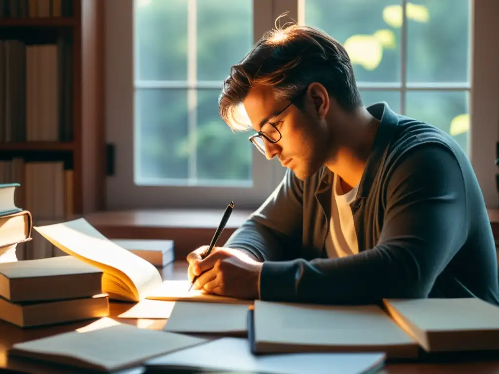 Un autor concentra técnicas literarias para equilibrar ritmo, rodeado de libros y papeles, la luz del sol ilumina su escritura