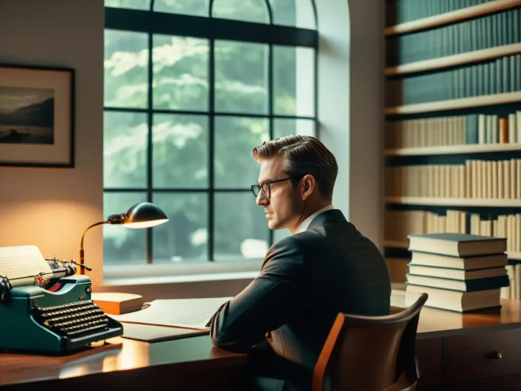 Un autor bien vestido contempla la ventana desde su elegante escritorio, rodeado de libros y una máquina de escribir vintage