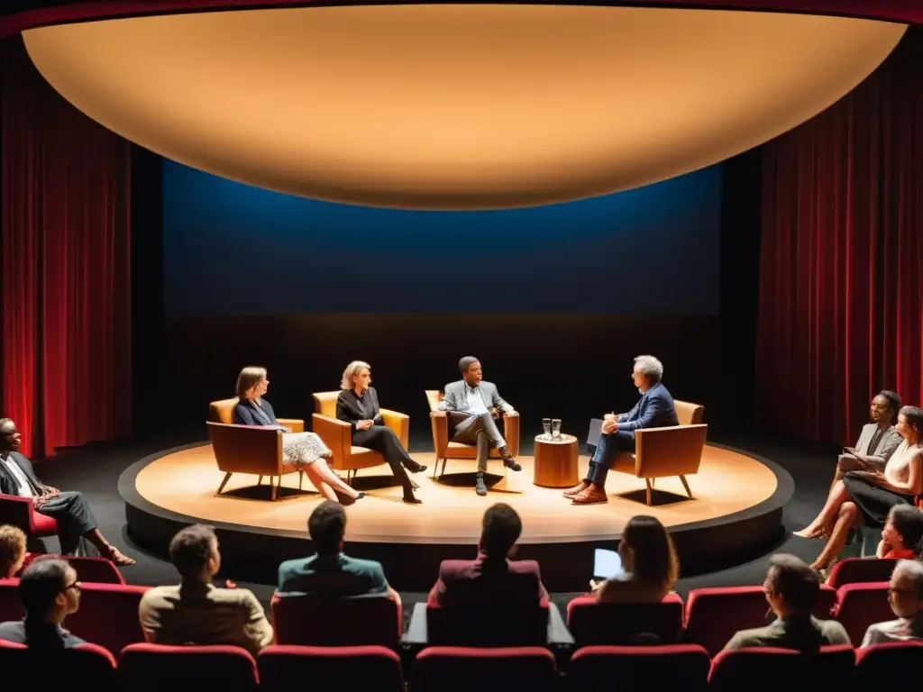 Autores participando en un animado debate en el Festival de Cartagena sobre Técnicas Literarias, con una audiencia cautivada en un auditorio tenue