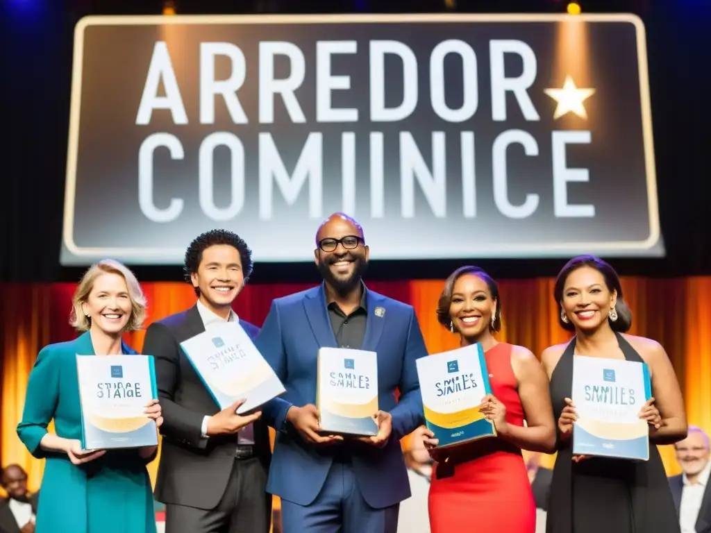 Autores ganadores de premios literarios internacionales reconocimiento mundial celebran en el escenario con libros, rodeados de luces y aplausos