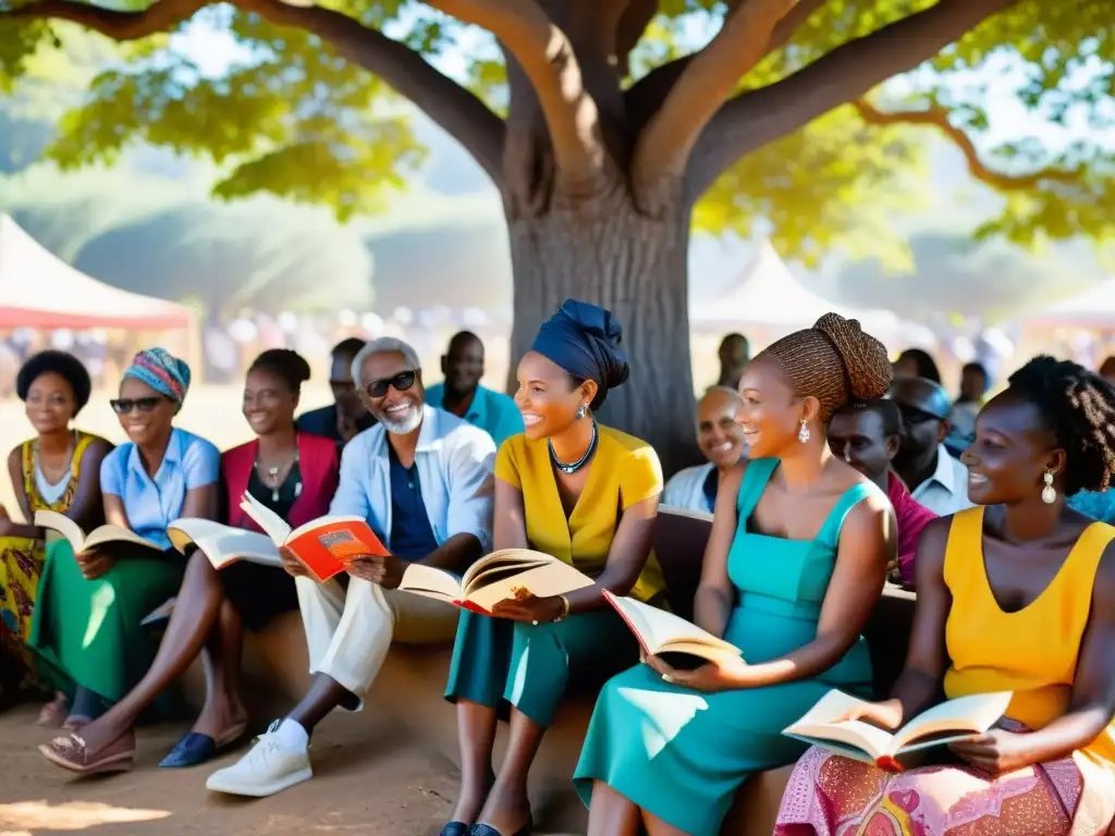 Autores y lectores africanos se reúnen bajo un árbol en el Festival de Literatura Aké, reflejando la comunidad y la inspiración del evento