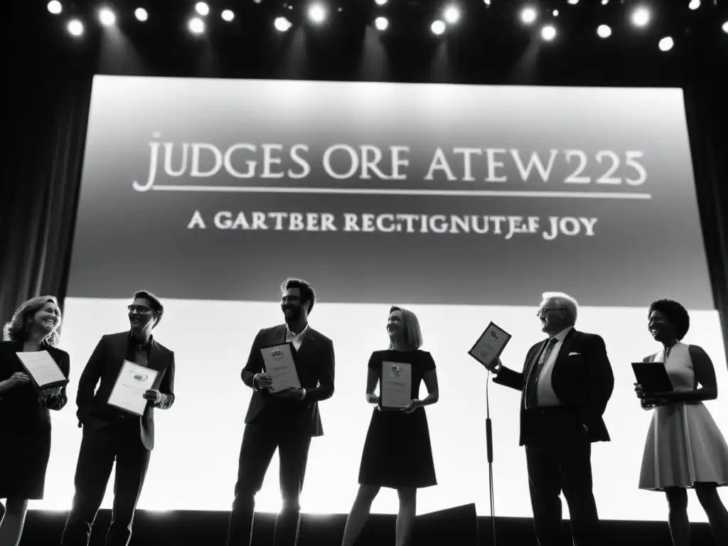 Autores recibiendo premios literarios en el escenario, iluminados por un foco, con jueces en silueta al fondo