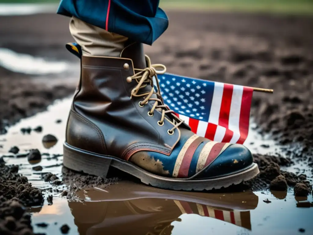 Una bandera americana desgarrada y un soldado con una bota gastada en la tierra, simbolizando la lucha y el sacrificio en la Guerra Civil Americana