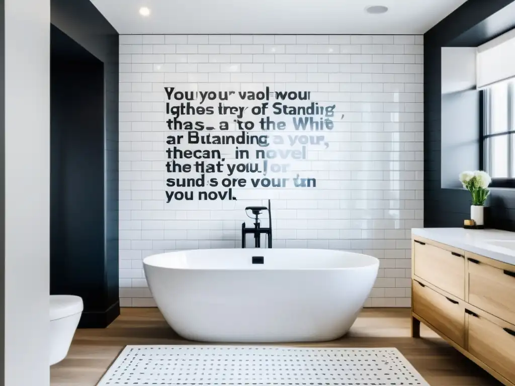 Un baño moderno con azulejos blancos, bañera minimalista y un mural literario en blanco y negro