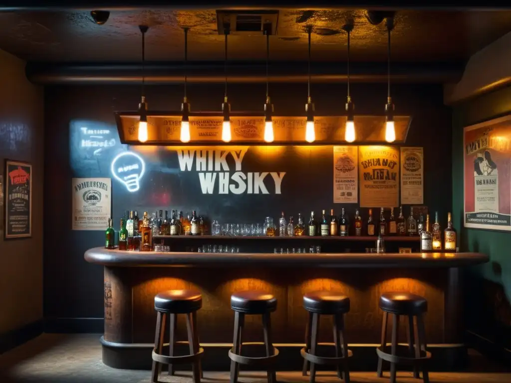 Bar solitario con luz tenue, botellas de whisky y atmósfera melancólica