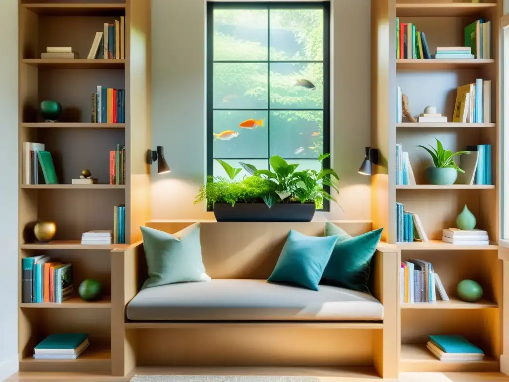 Decoración temática para bibliófilos: acogedor rincón de lectura con ventana soleada, estantería moderna, plantas verdes y acuario sereno