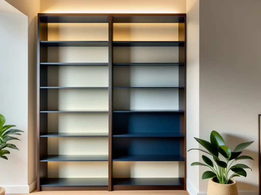 Decoración temática para bibliófilos: Estante minimalista con libros organizados por color, elegante y moderno