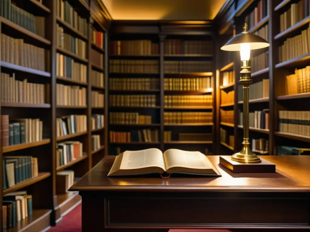 Una biblioteca acogedora y detallada, llena de libros encuadernados en cuero, iluminada con suave luz cálida