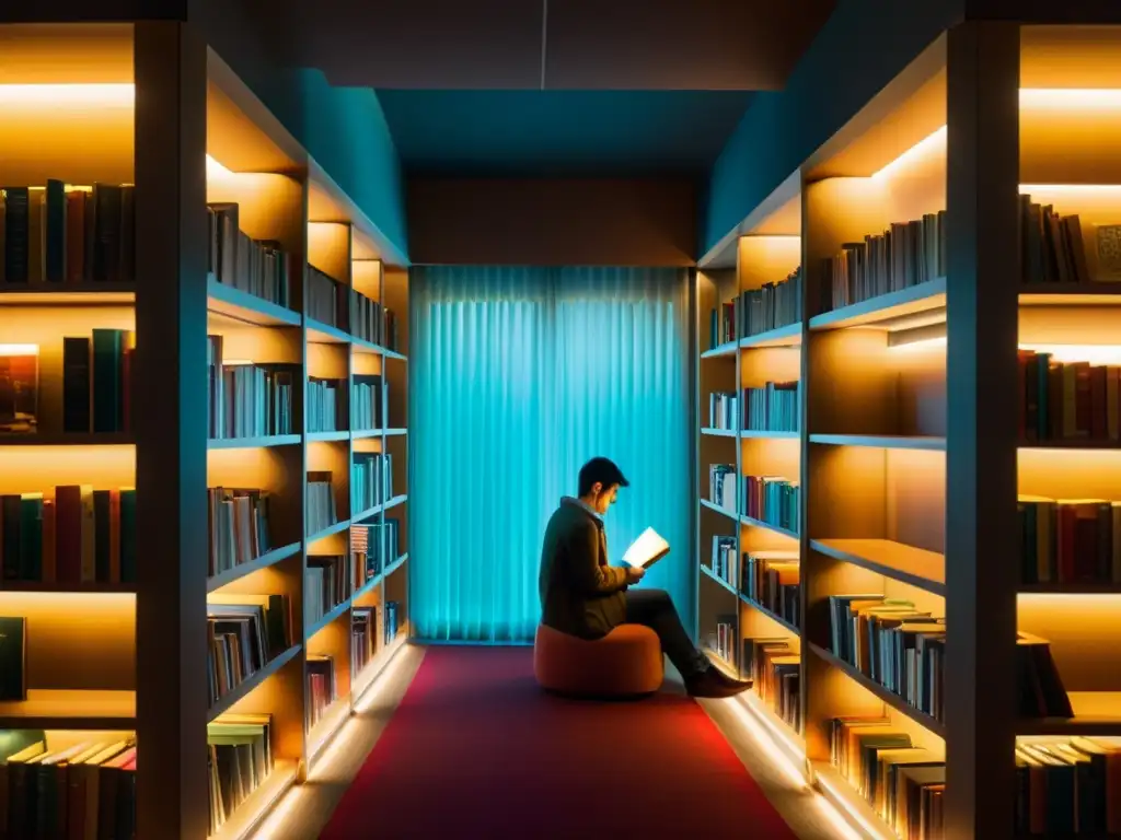 Una biblioteca acogedora y tranquila, con luz cálida filtrándose entre las cortinas, iluminando las estanterías llenas de libros coloridos