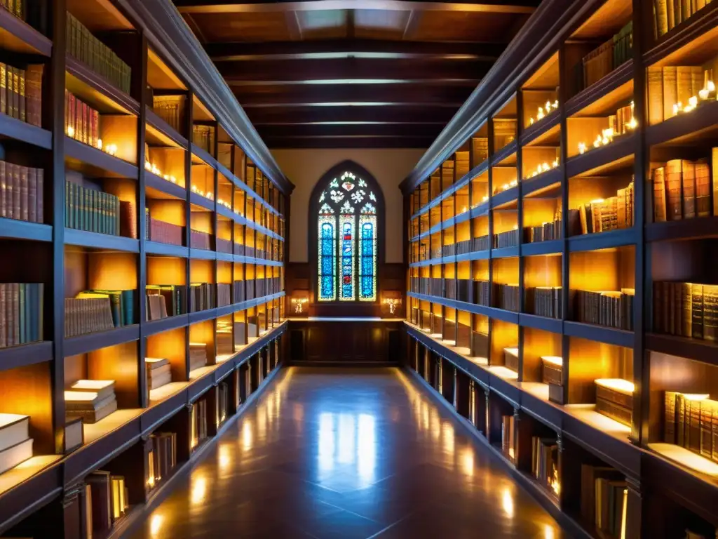 Una biblioteca antigua y majestuosa, con libros ilustrados y manuscritos en un ambiente de sabiduría y grandeza literaria