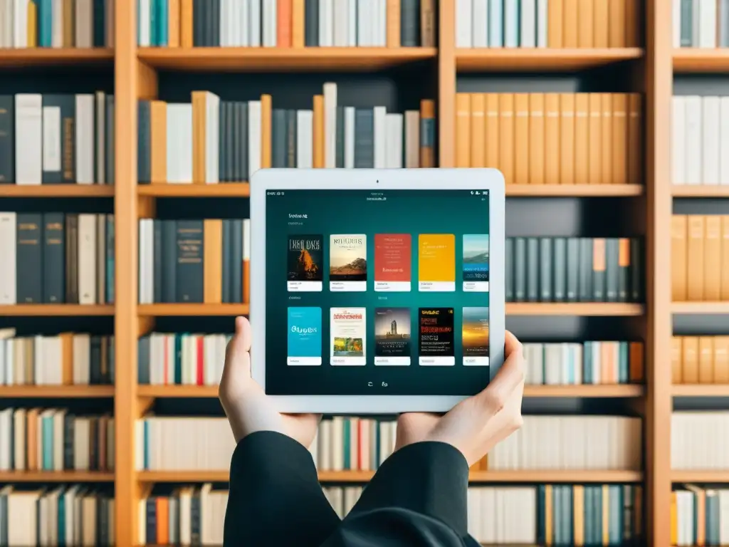 Una biblioteca digital organizada con eficiencia muestra ebooks categorizados en una tablet, con espacio de almacenamiento disponible