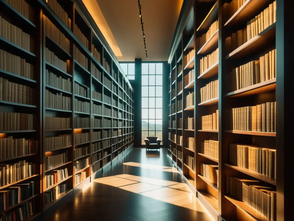 Una biblioteca elegante y acogedora con libros en estantes de madera oscura, iluminada por cálida luz solar