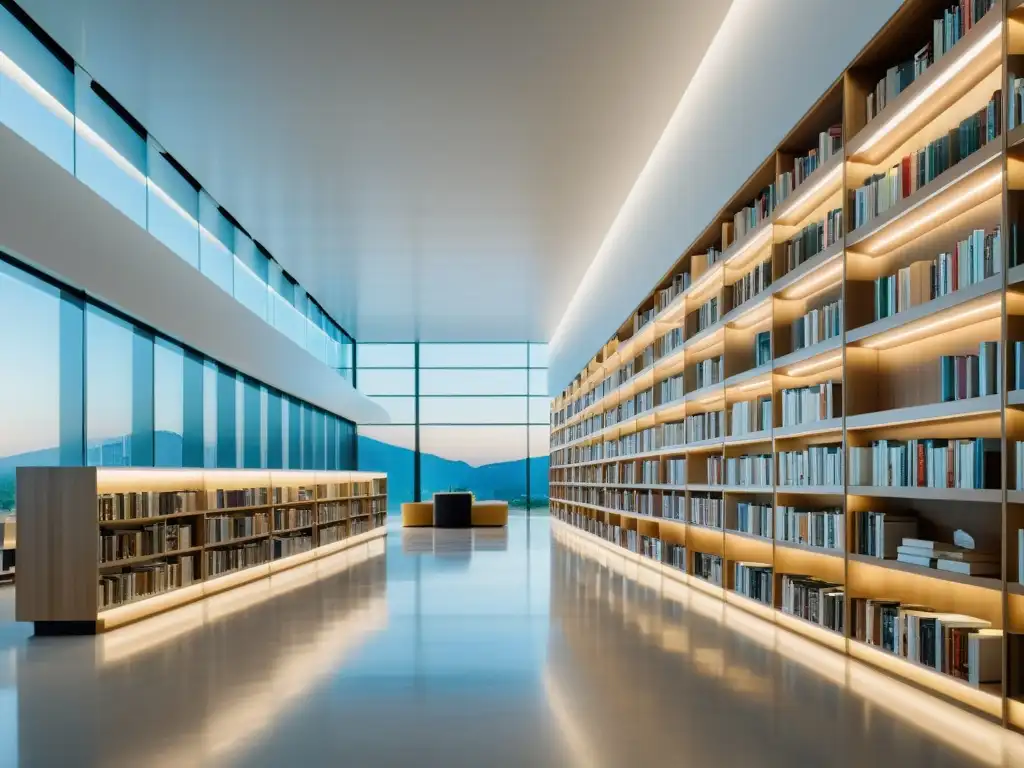 Una biblioteca futurista iluminada por luz natural, con estanterías infinitas de libros