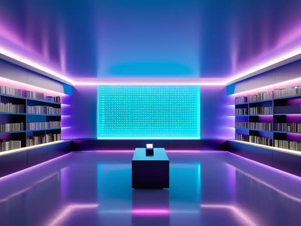 Una biblioteca futurista con libros holográficos y pantallas luminosas, en tonos azules y morados