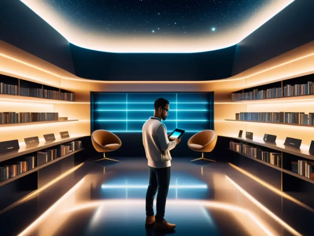 Una biblioteca futurista segura con estantes llenos de ebooks encriptados