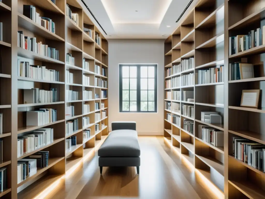 Una biblioteca minimalista y monocrómica con estantes modernos llenos de libros, bañada por luz natural