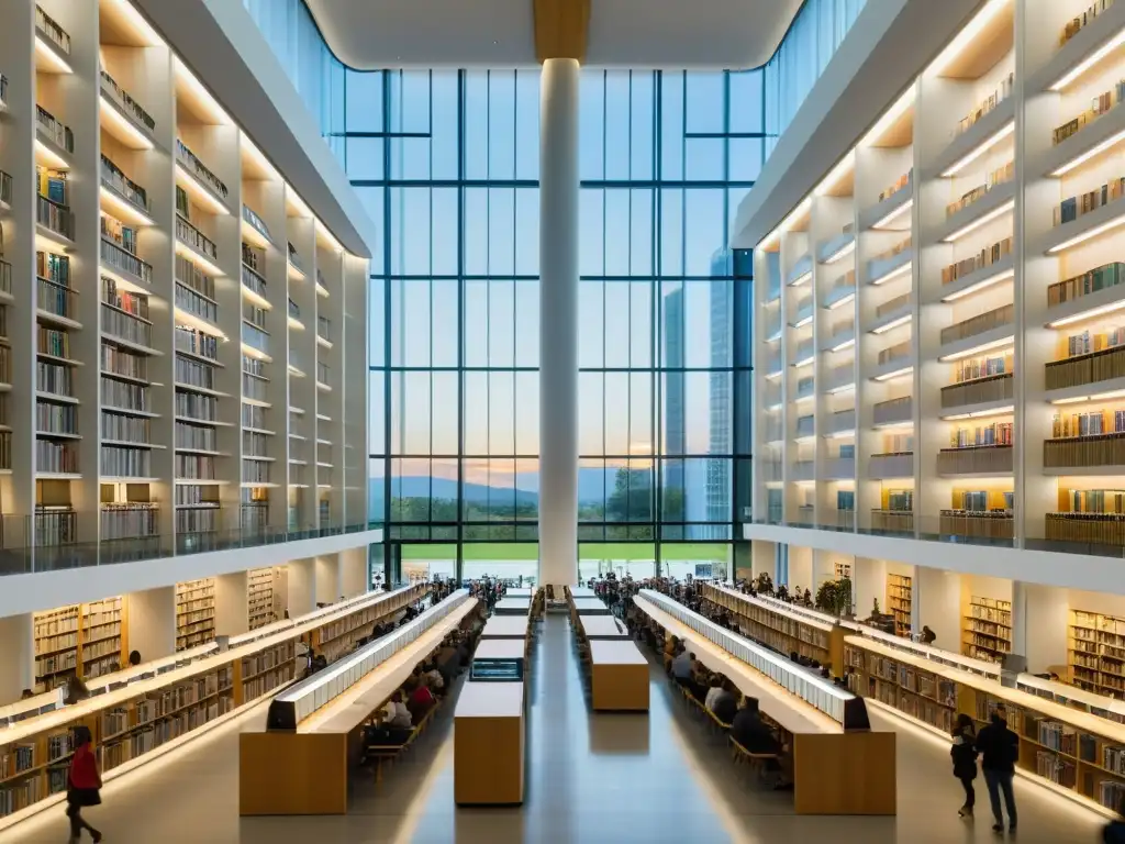 Una biblioteca moderna con acceso a ebooks, ambiente acogedor y luz natural