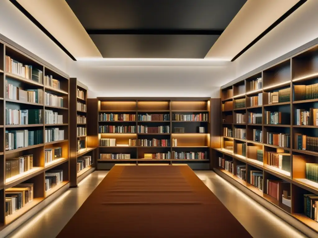 Una biblioteca moderna con diseño minimalista y estanterías de literatura carolingia, iluminación cálida y ambiente académico contemporáneo