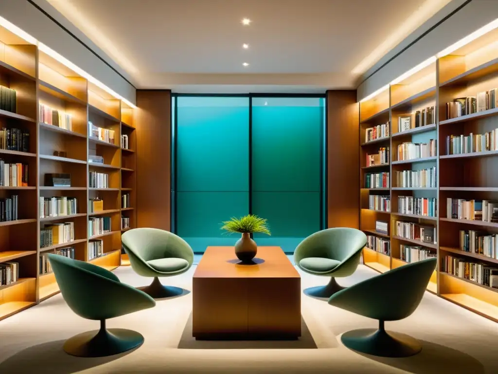 Biblioteca moderna con estanterías de libros ordenados por color Una biblioteca moderna y elegante con estantes de libros de piso a techo, ordenados por color