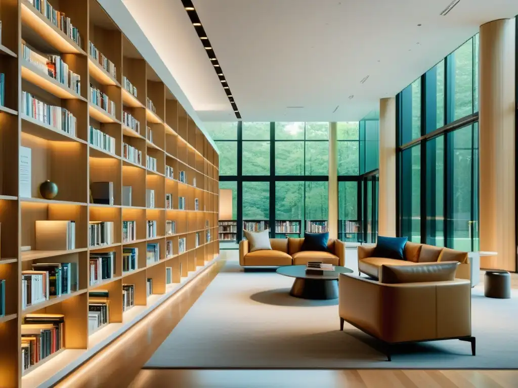 Una biblioteca moderna y elegante con luz natural, libros de todo el mundo y tecnología de vanguardia