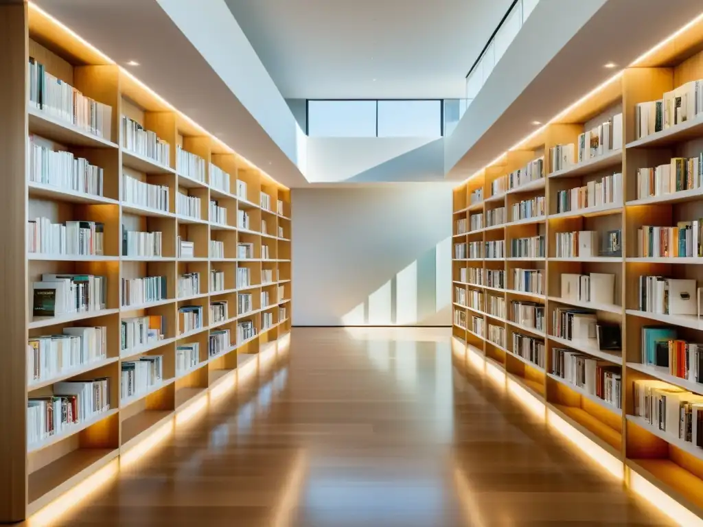 Una biblioteca moderna con estantes blancos minimalistas, libros con portadas geométricas y una obra de arte abstracta