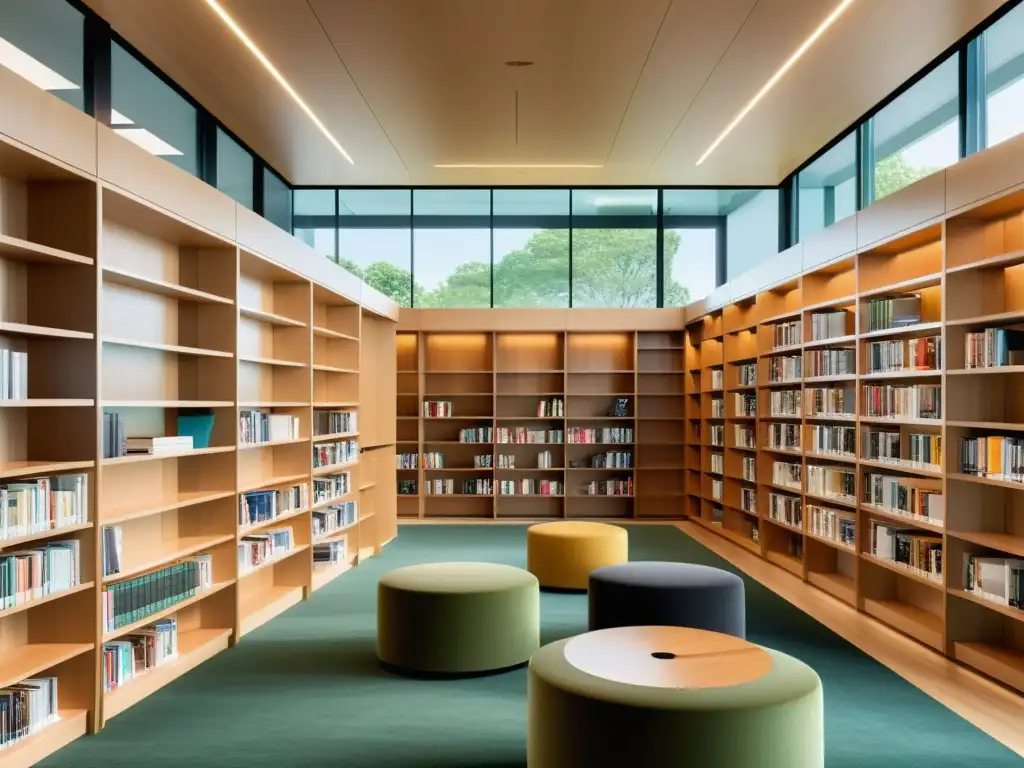 Una biblioteca moderna inundada de luz natural con estantes de libros organizados y área de lectura minimalista